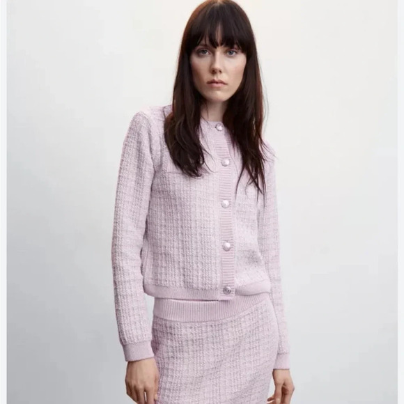 Mango Tweed Metallic Cardigan Sweater Lady Jacket Lavender Silver Size XS - Picture 2 of 13